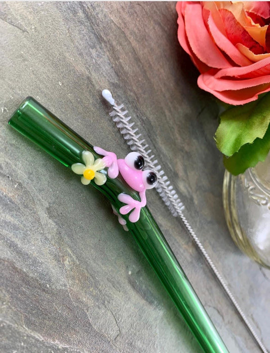 Pink Frog and Daisy on Green Glass Straw