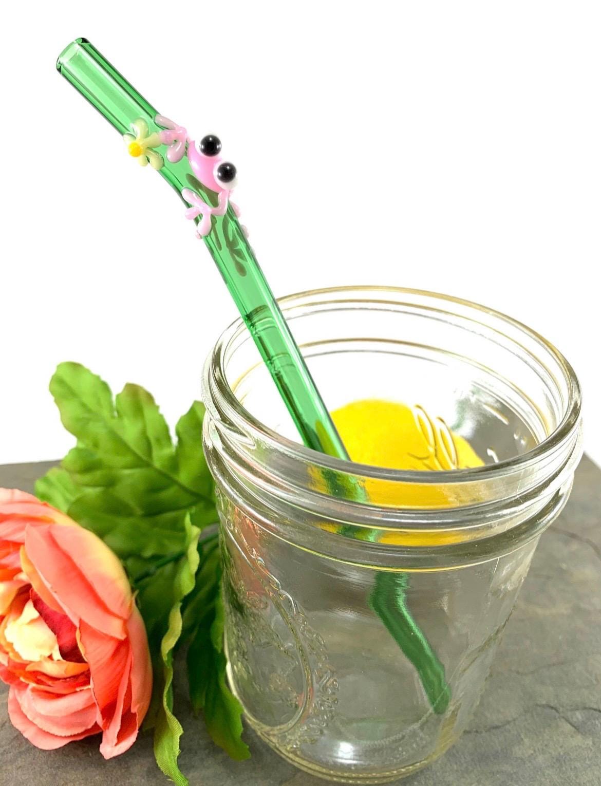 Pink Frog and Daisy on Green Glass Straw