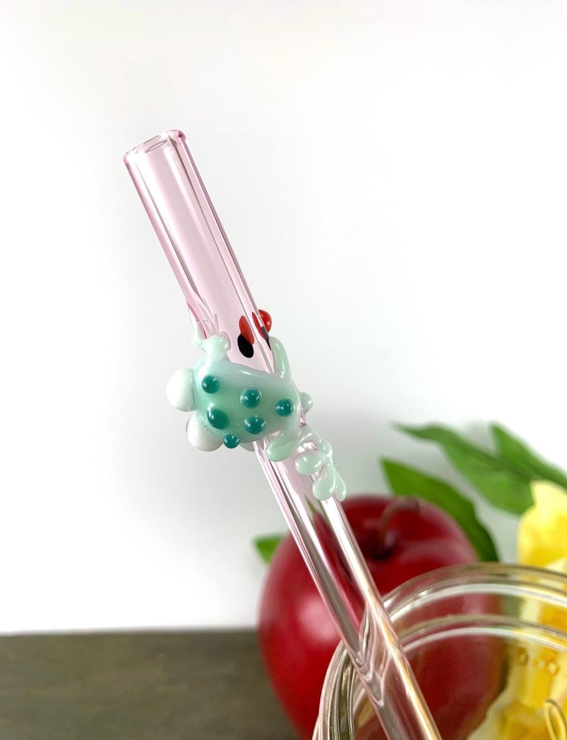 Mint Frog and Ladybug on Pink Glass Straw