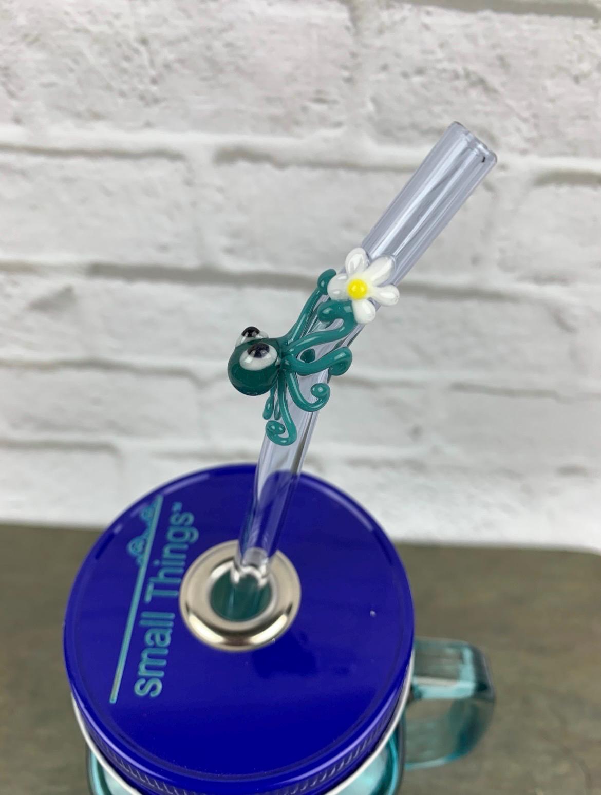 Aqua Octopus and Daisy on Bent Lavender Glass Straw