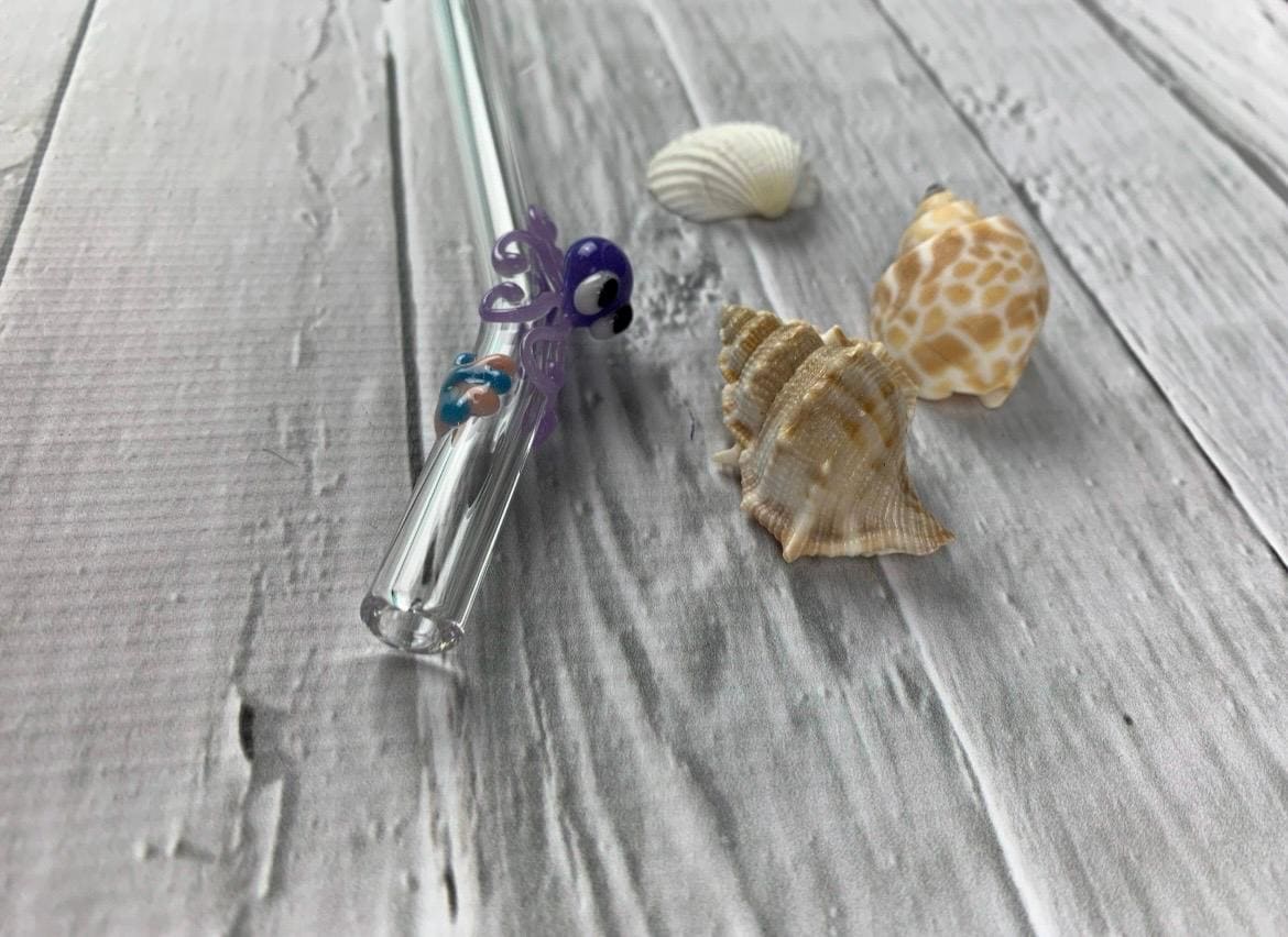 Purple Octopus and Shell on Bent Clear Glass Straw