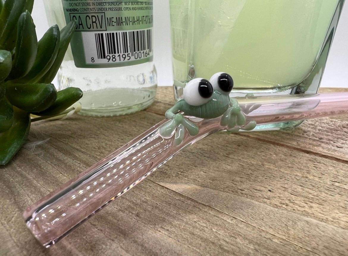 Sage Green Frog on Bent Pink Glass Straw