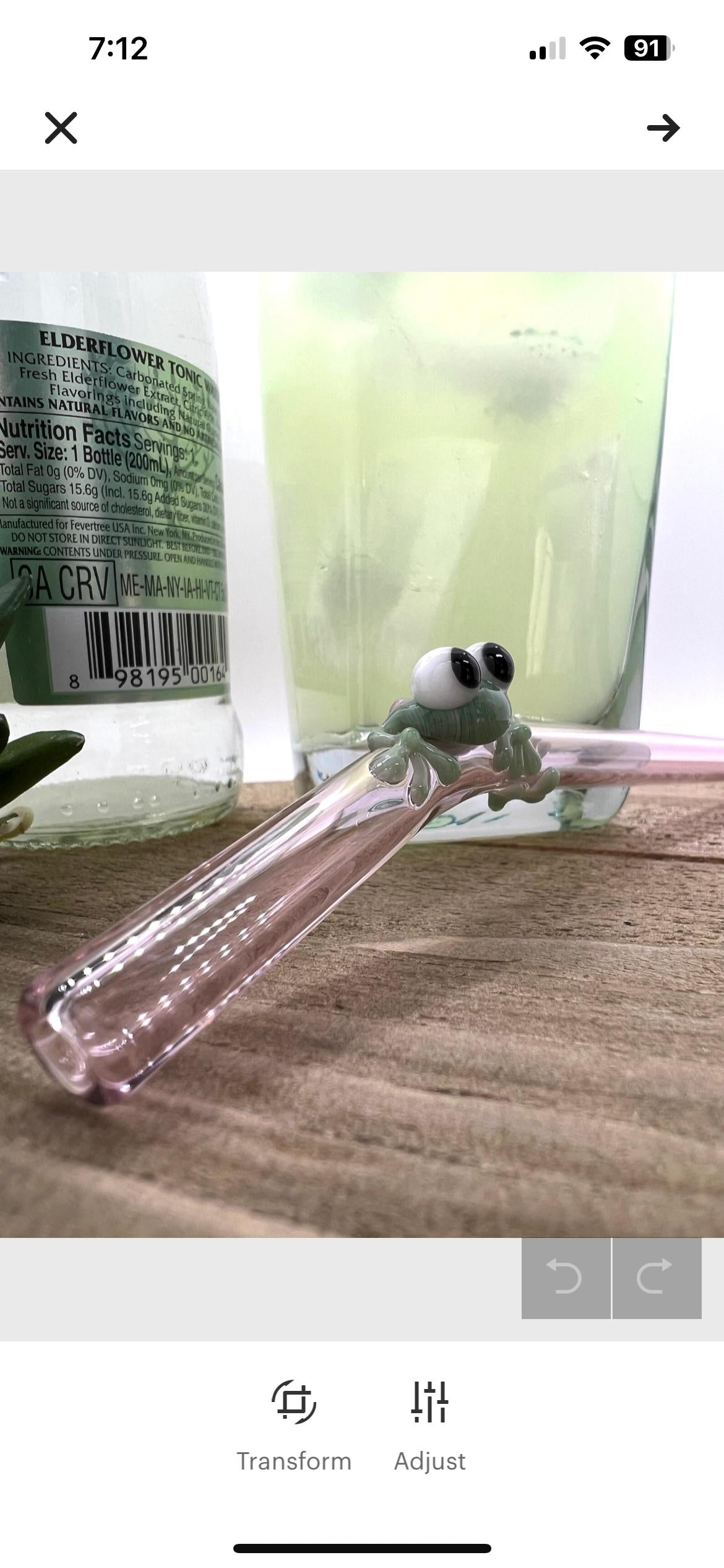 Sage Green Frog on Bent Pink Glass Straw