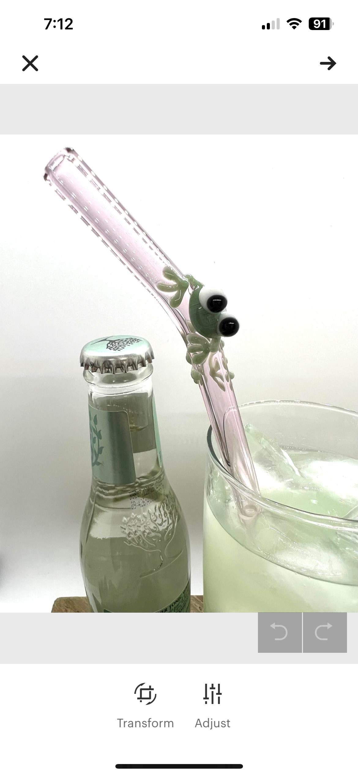 Sage Green Frog on Bent Pink Glass Straw