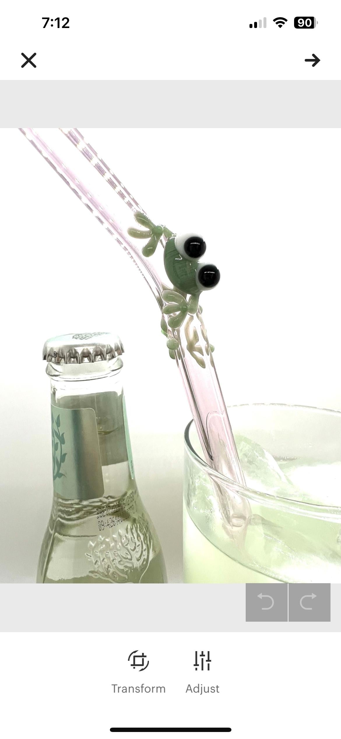 Sage Green Frog on Bent Pink Glass Straw