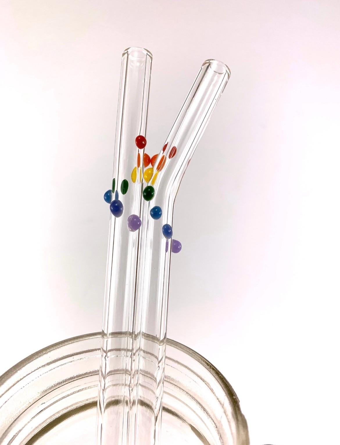Primary Rainbow Dots on Clear Glass Straws- Set of 2