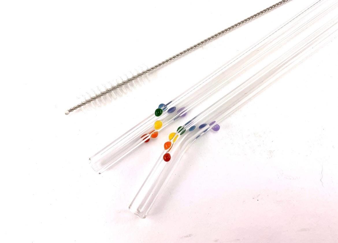 Primary Rainbow Dots on Clear Glass Straws- Set of 2