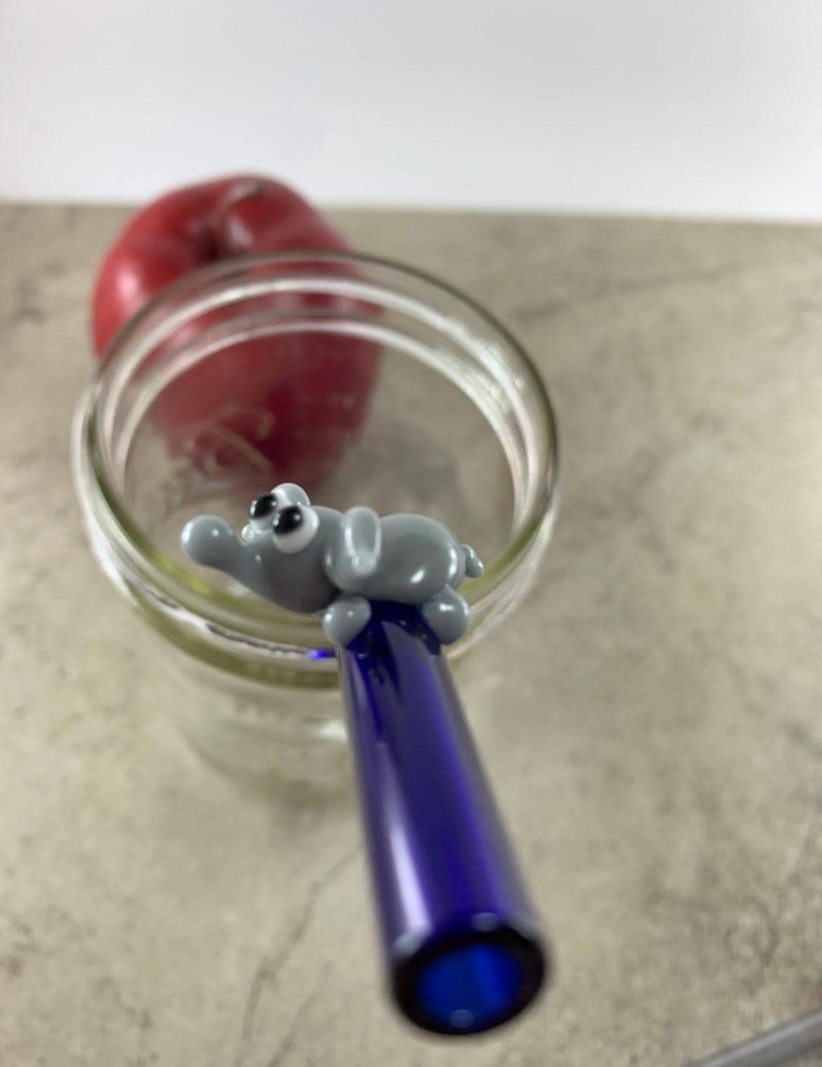 Gray Elephant on Bent Cobalt Blue Glass Straw