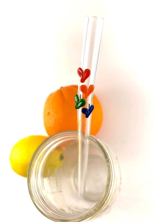 Rainbow Valentines Sweet Hearts on Bent Clear Glass Straw