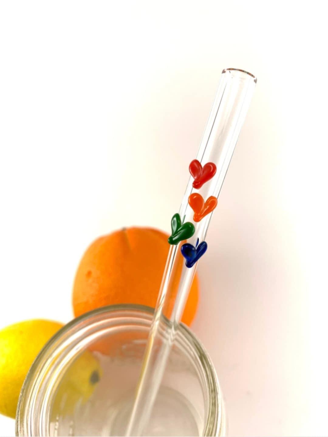 Rainbow Valentines Sweet Hearts on Bent Clear Glass Straw