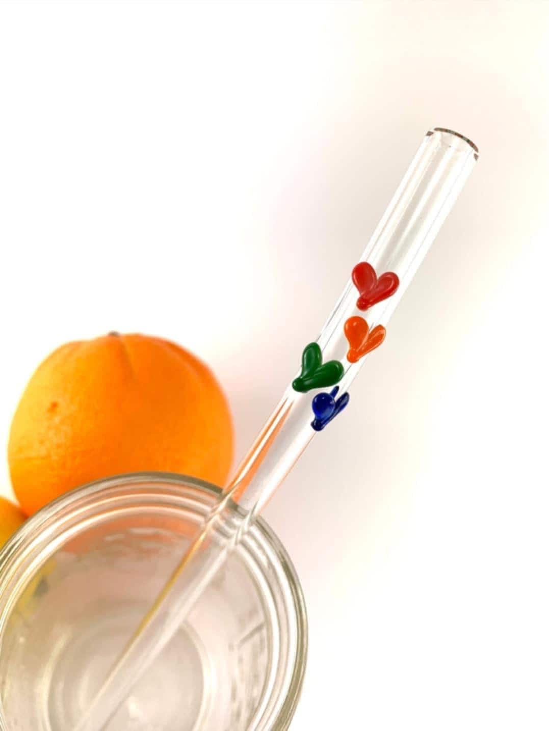 Rainbow Valentines Sweet Hearts on Bent Clear Glass Straw