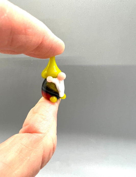Tiny Glass Gnome Figurine- Striped Rainbow Pajamas- Bright Green Hat