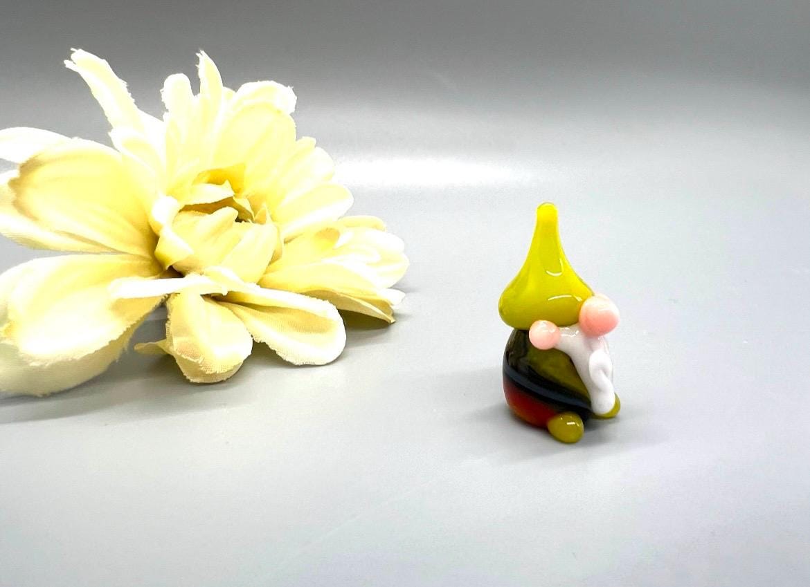 Tiny Glass Gnome Figurine- Striped Rainbow Pajamas- Bright Green Hat