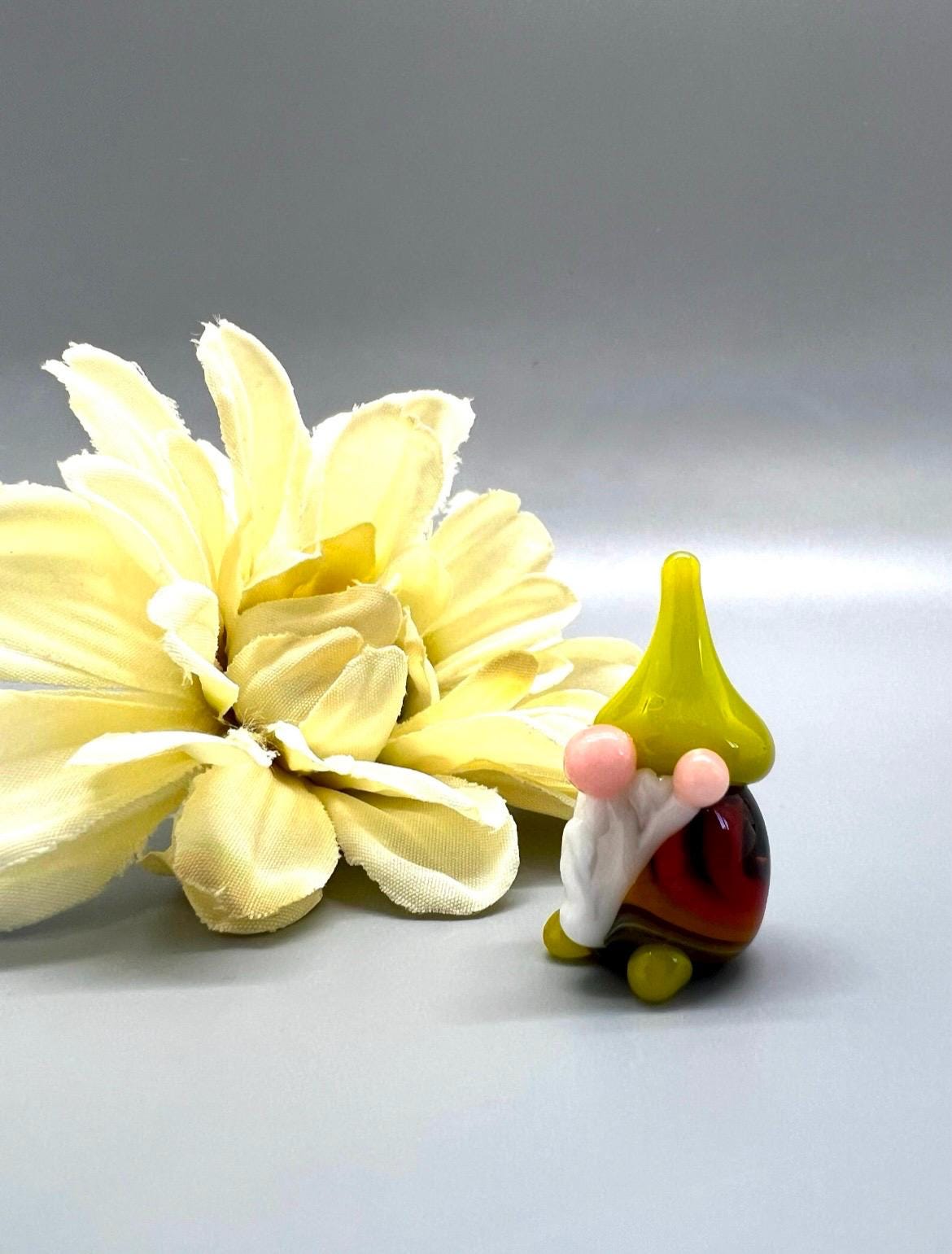 Tiny Glass Gnome Figurine- Striped Rainbow Pajamas- Bright Green Hat