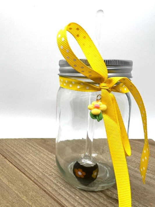 Black Floral Spoon Dabber Stick with Honey Jar