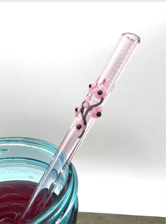 Cherry Blossoms on Straight Pink Glass Straw