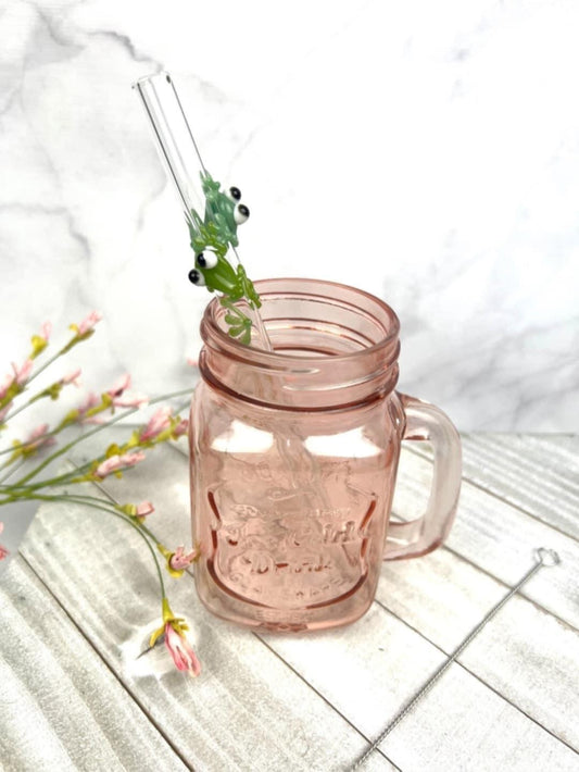 Double Green Frogs on Bent Clear Smoothie Glass Straw
