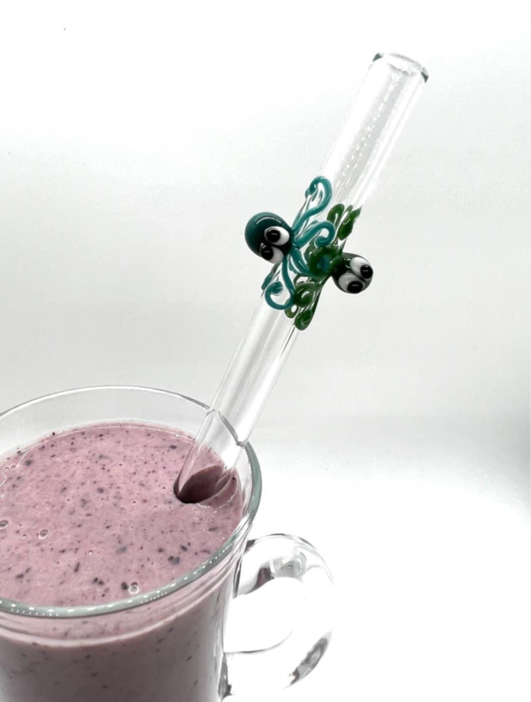 Teal and Green Double Octopi on Bent Clear Glass Smoothie Straw