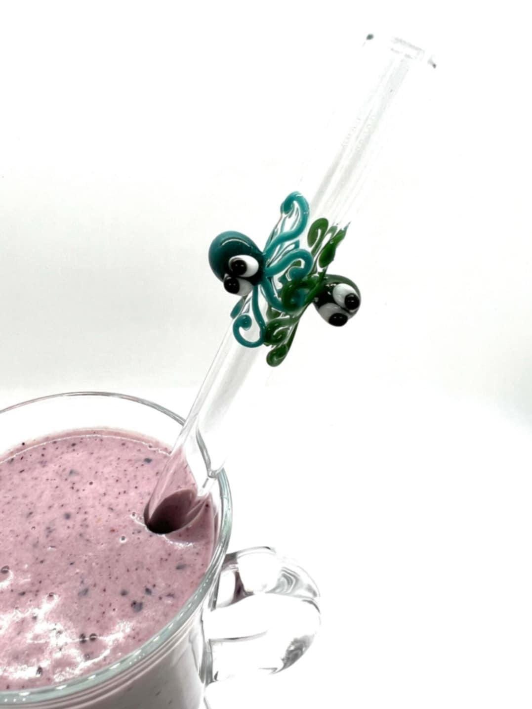 Teal and Green Double Octopi on Bent Clear Glass Smoothie Straw