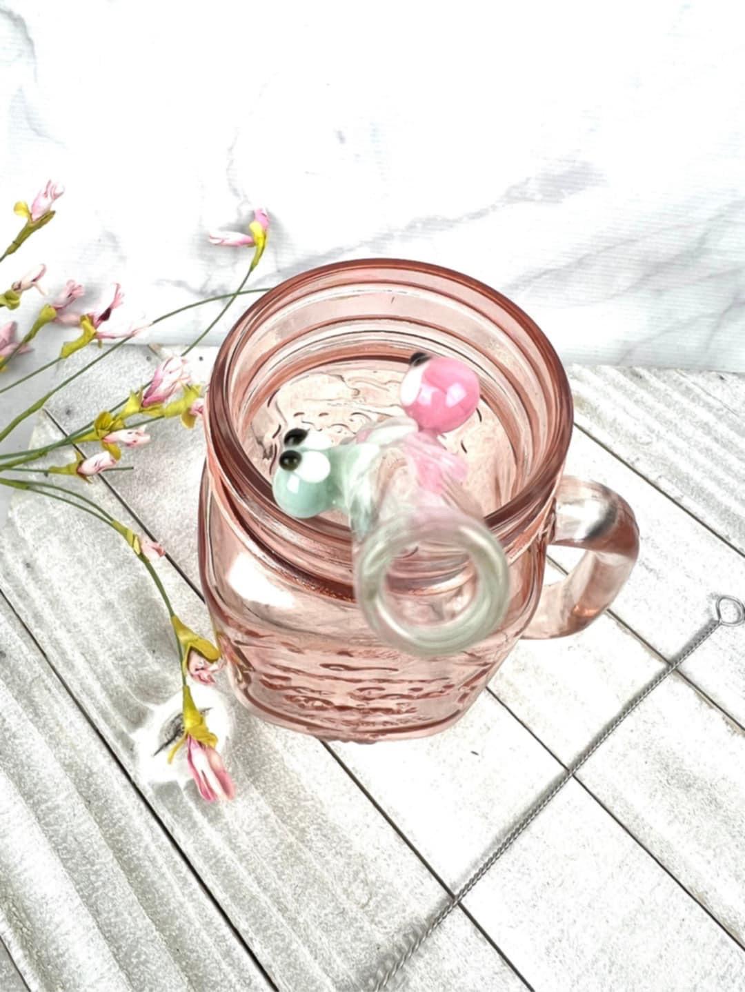 Pastel Double Octopi on Bent Clear Glass Smoothie Straw
