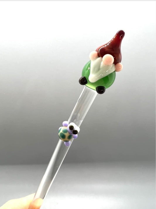 Garden Gnome and Turtle Glass Plant Stake