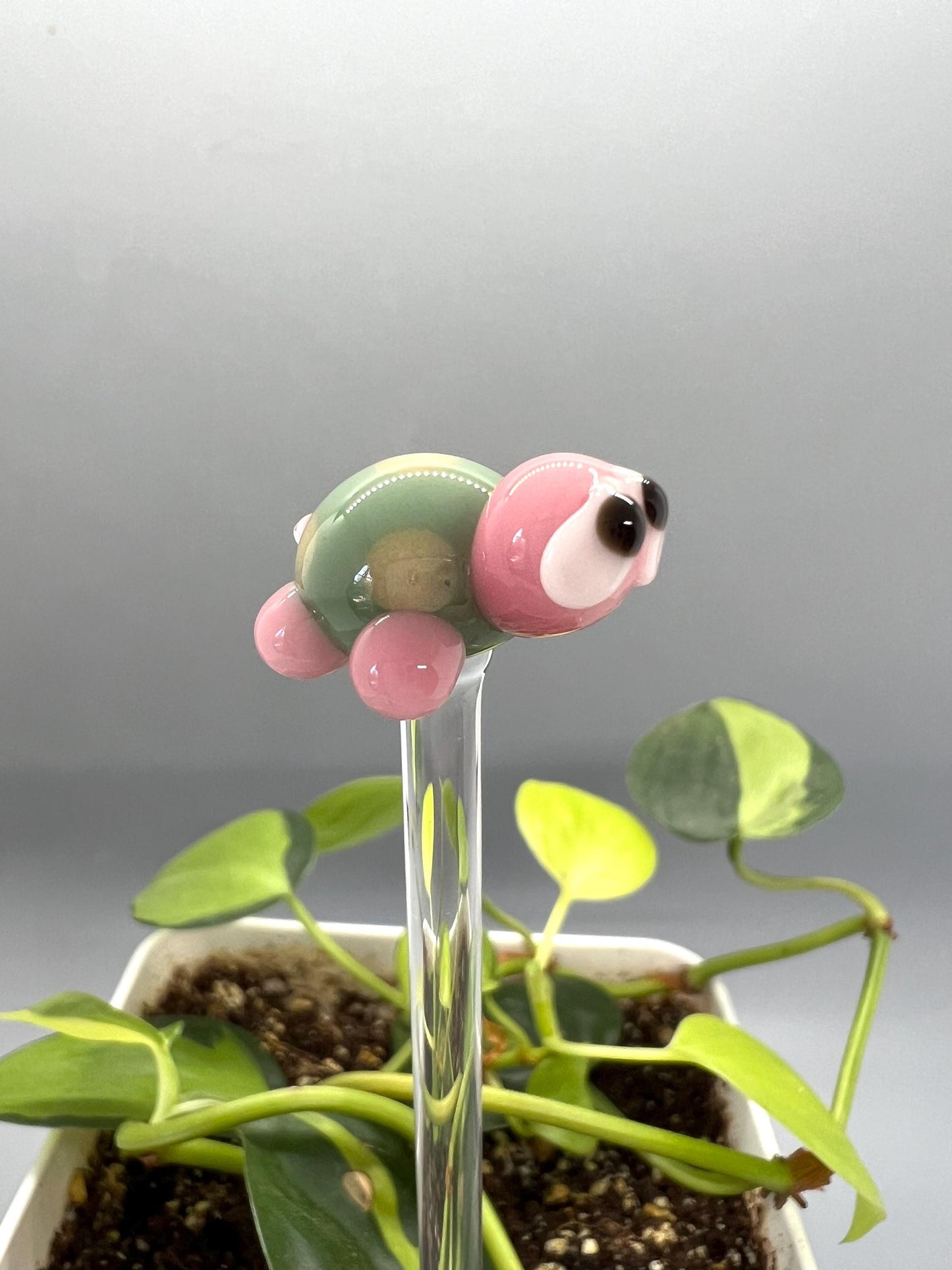 Turtle Glass Plant Stake- Sage and Pink Turtle