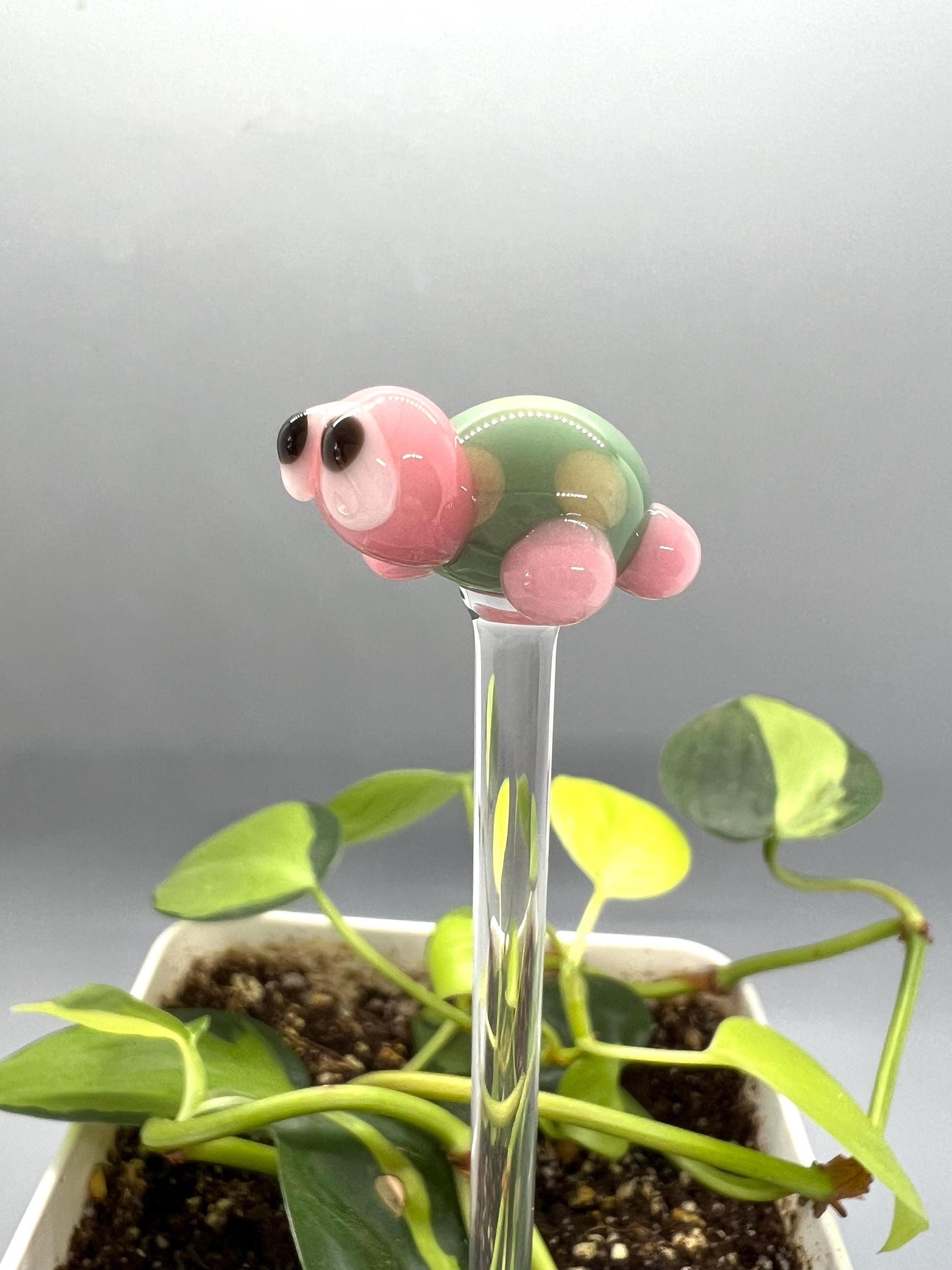 Turtle Glass Plant Stake- Sage and Pink Turtle
