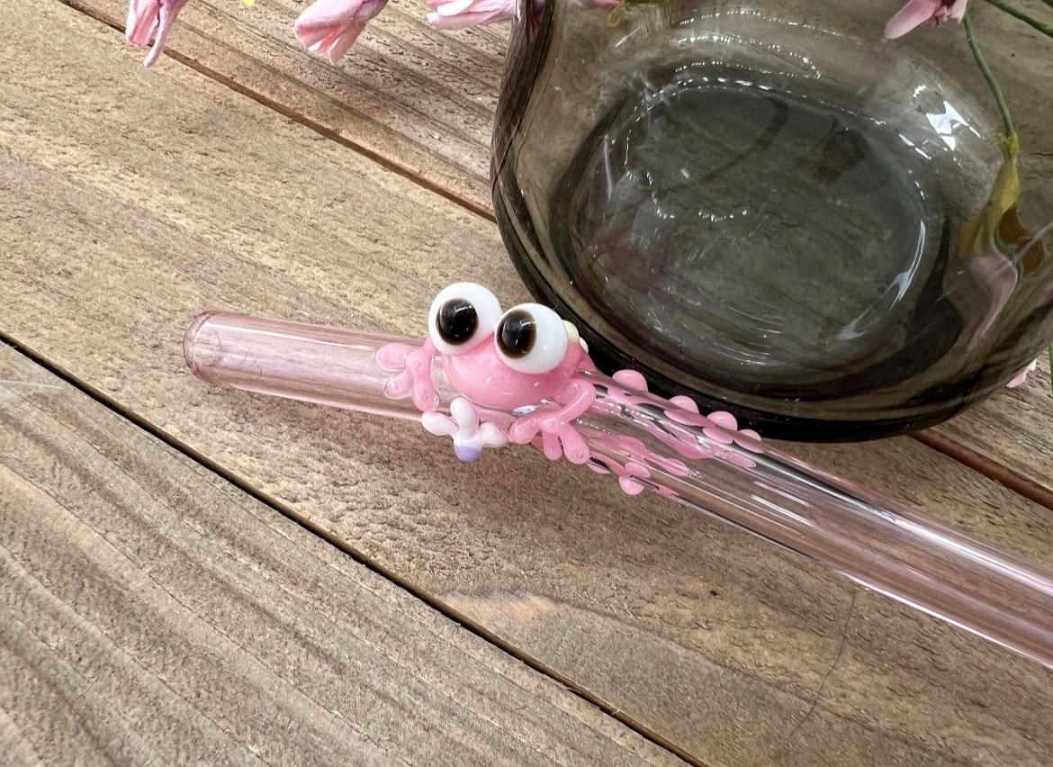 Pink Frog with Daisy Glass Straw