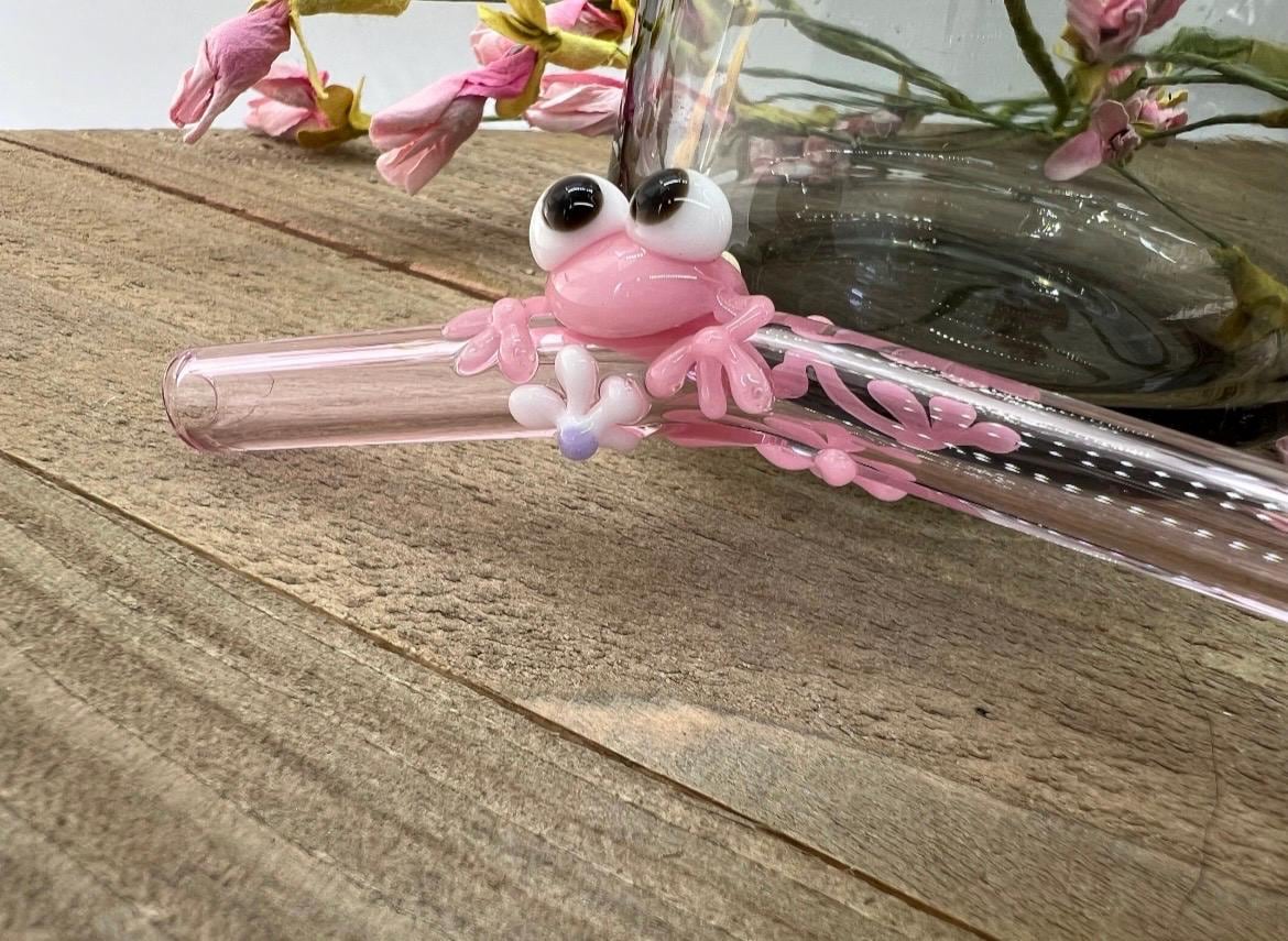 Pink Frog with Daisy Glass Straw