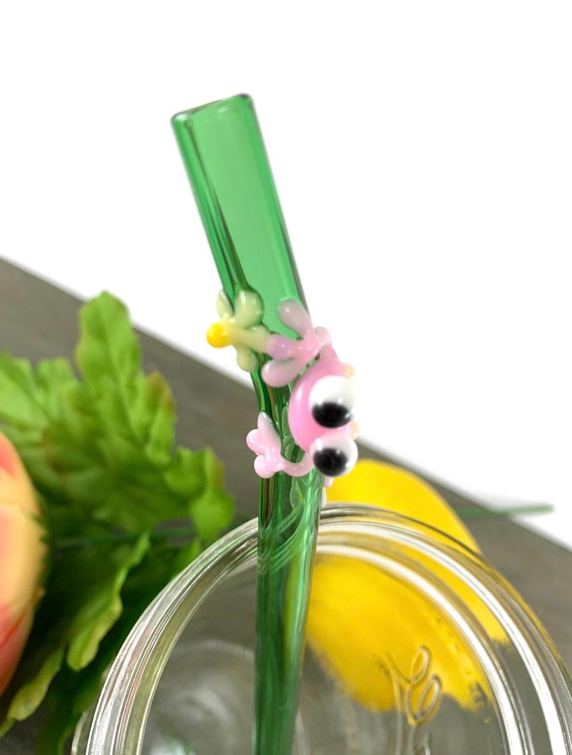 Pink Frog and Daisy on Green Glass Straw