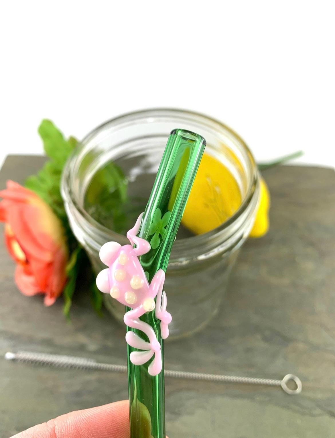 Pink Frog and Daisy on Green Glass Straw