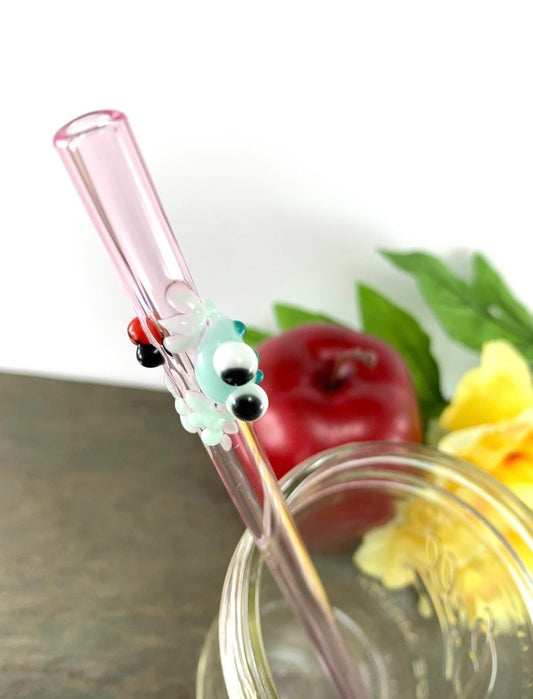 Mint Frog and Ladybug on Pink Glass Straw