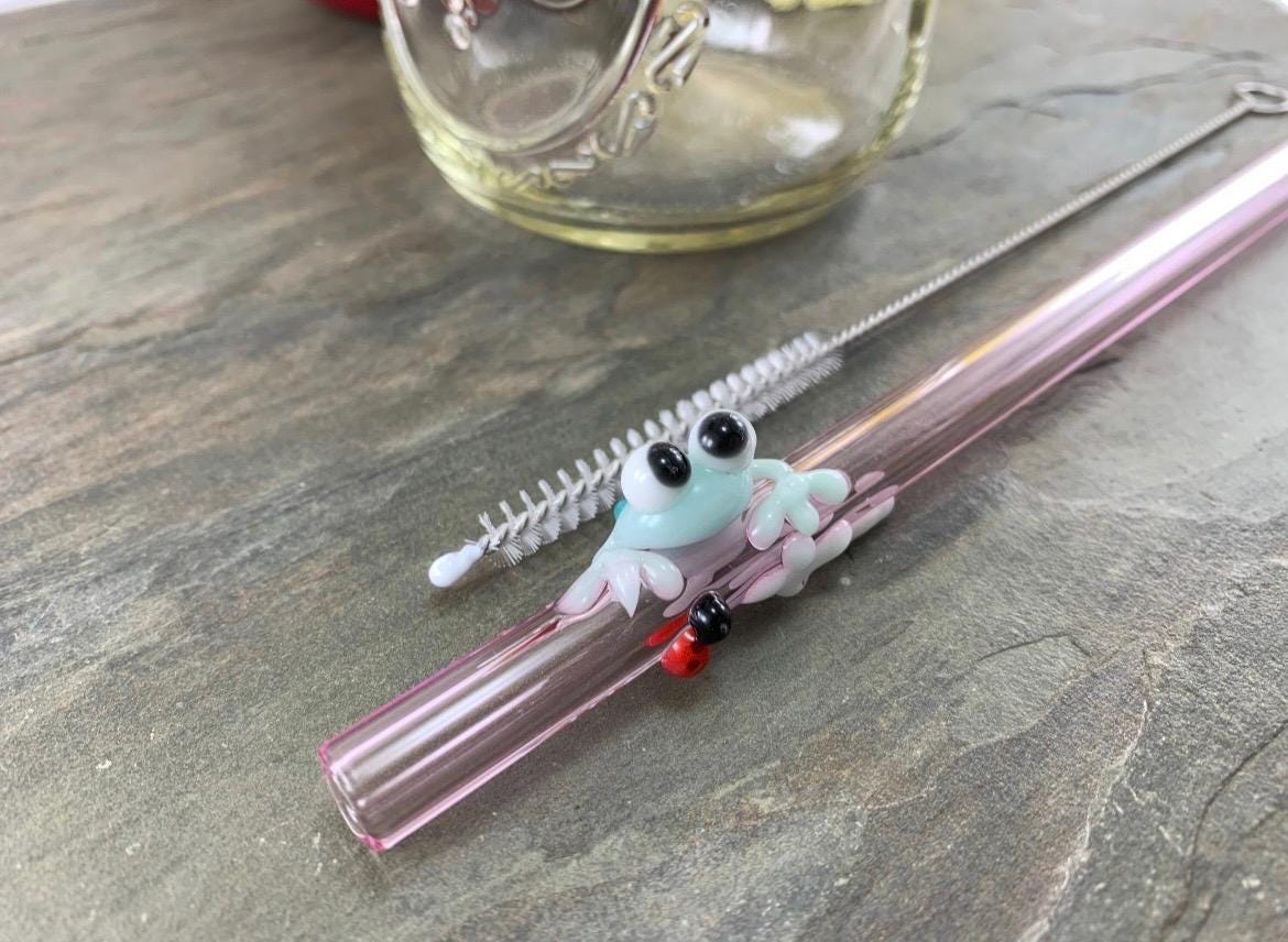 Mint Frog and Ladybug on Pink Glass Straw