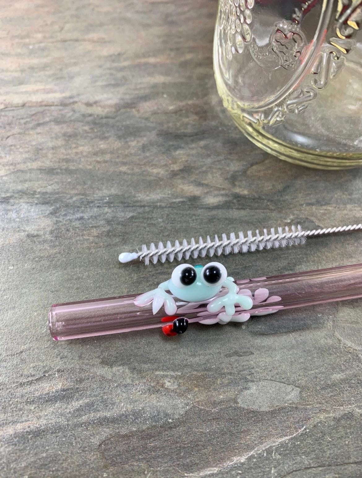 Mint Frog and Ladybug on Pink Glass Straw