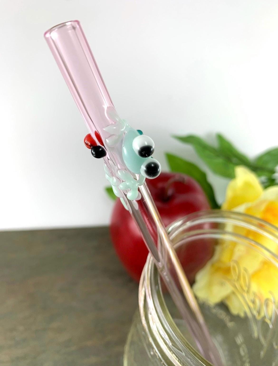 Mint Frog and Ladybug on Pink Glass Straw