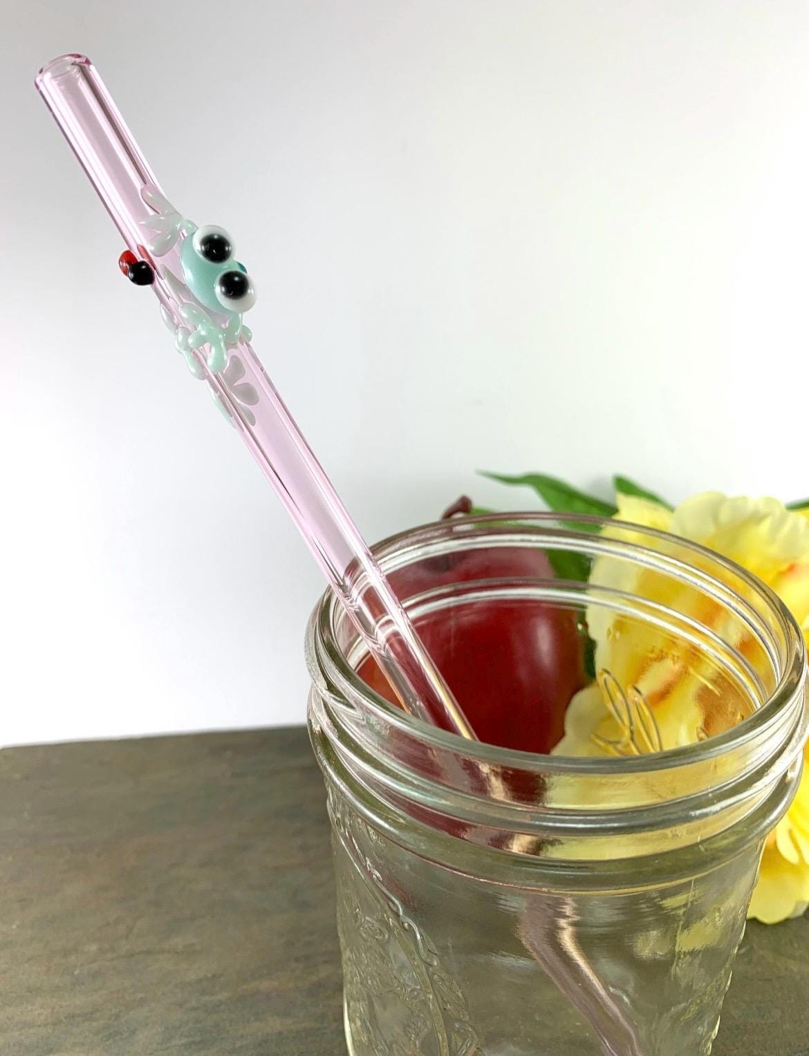 Mint Frog and Ladybug on Pink Glass Straw