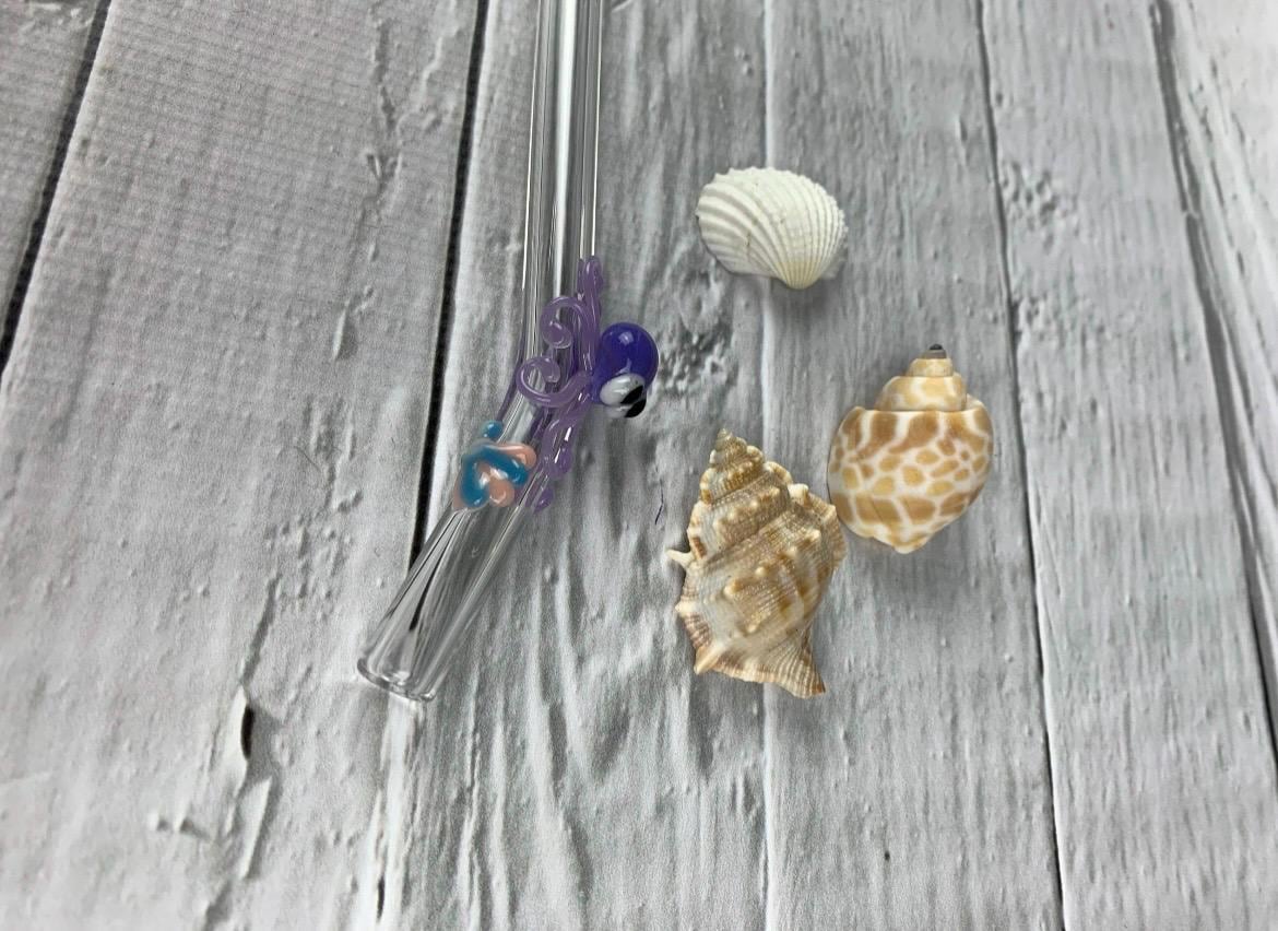 Purple Octopus and Shell on Bent Clear Glass Straw