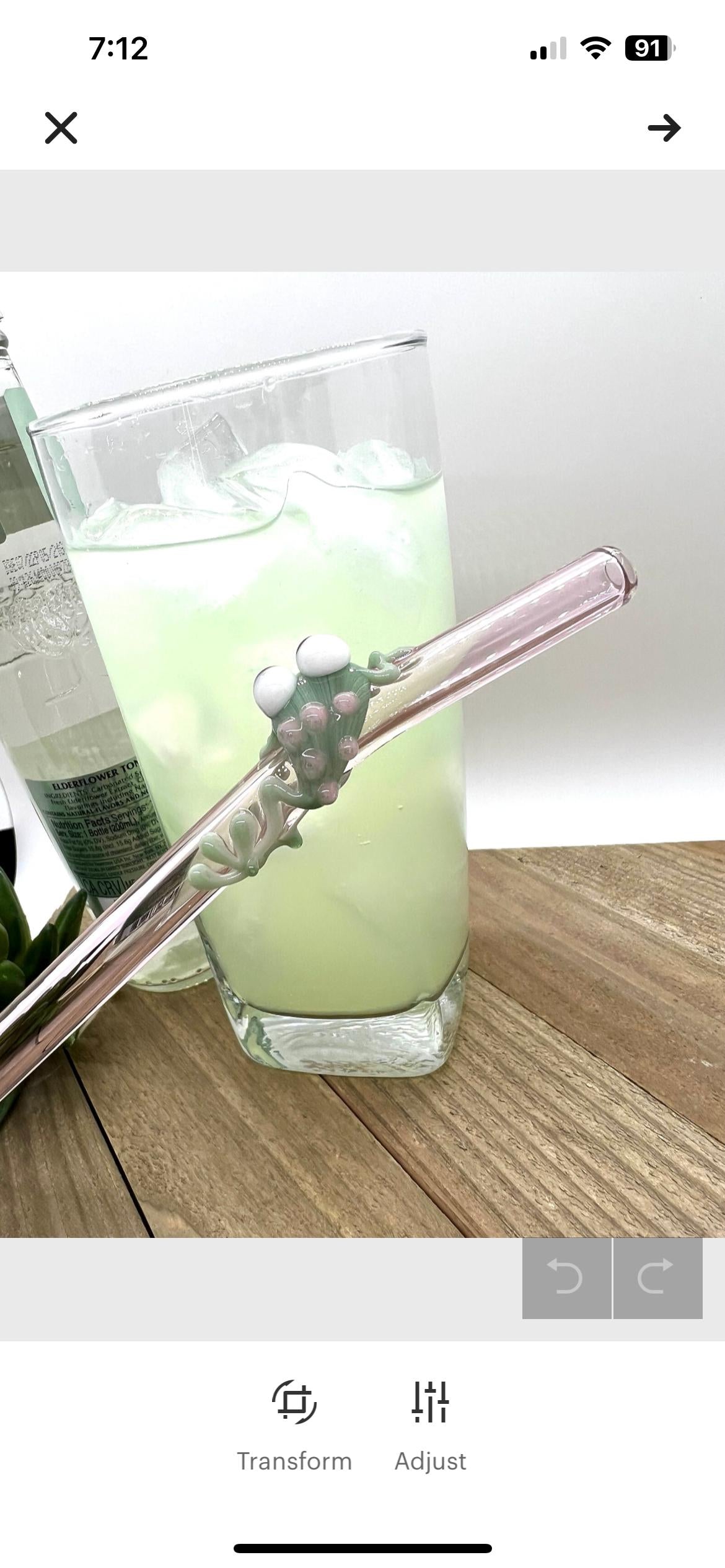 Sage Green Frog on Bent Pink Glass Straw