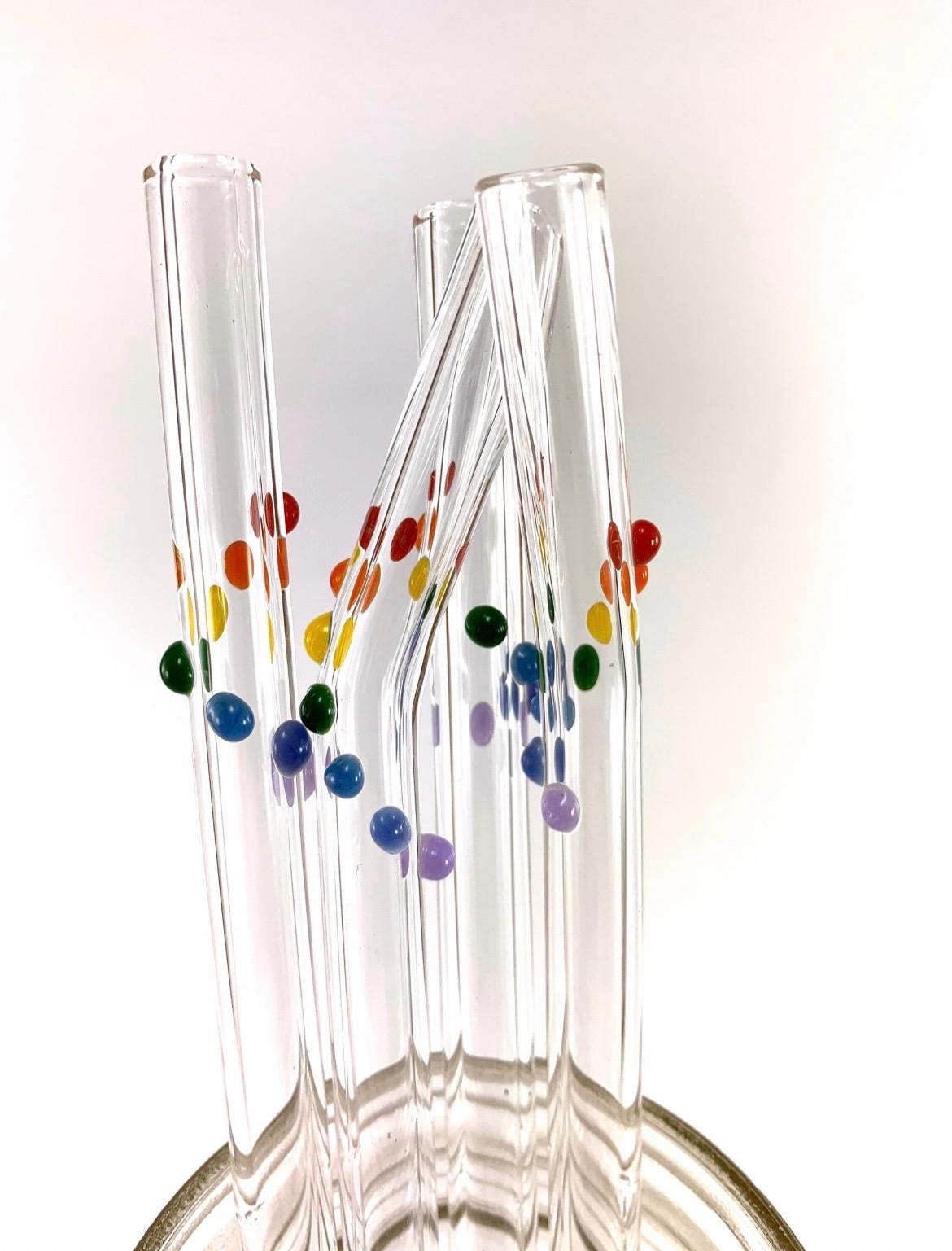Primary Rainbow Dots on Clear Glass Straws- Set of 2