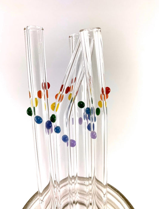 Primary Rainbow Dots on Clear Glass Straws- Set of 2
