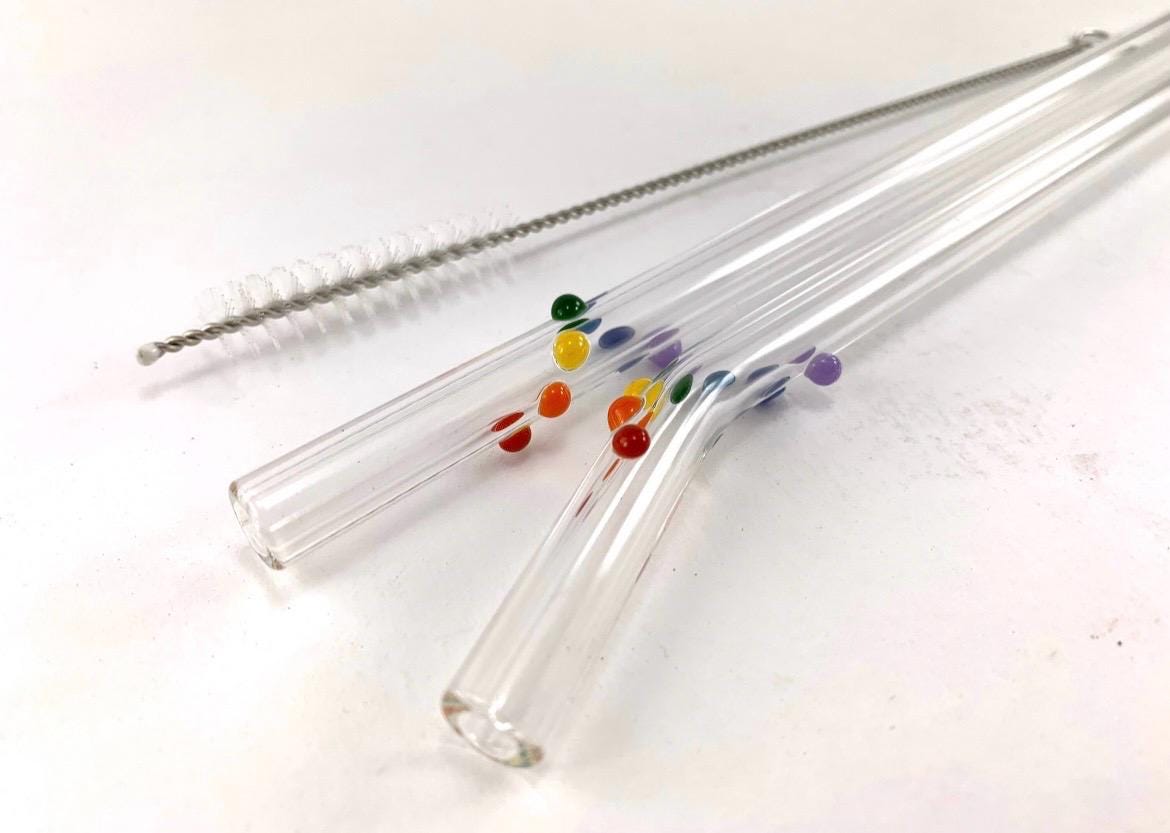 Primary Rainbow Dots on Clear Glass Straws- Set of 2