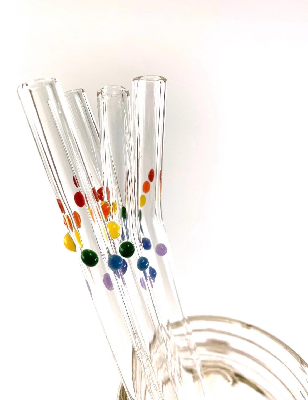 Primary Rainbow Dots on Clear Glass Straws- Set of 2