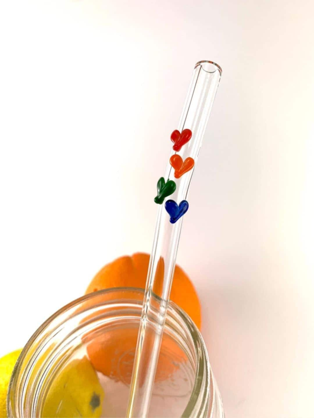 Rainbow Valentines Sweet Hearts on Bent Clear Glass Straw