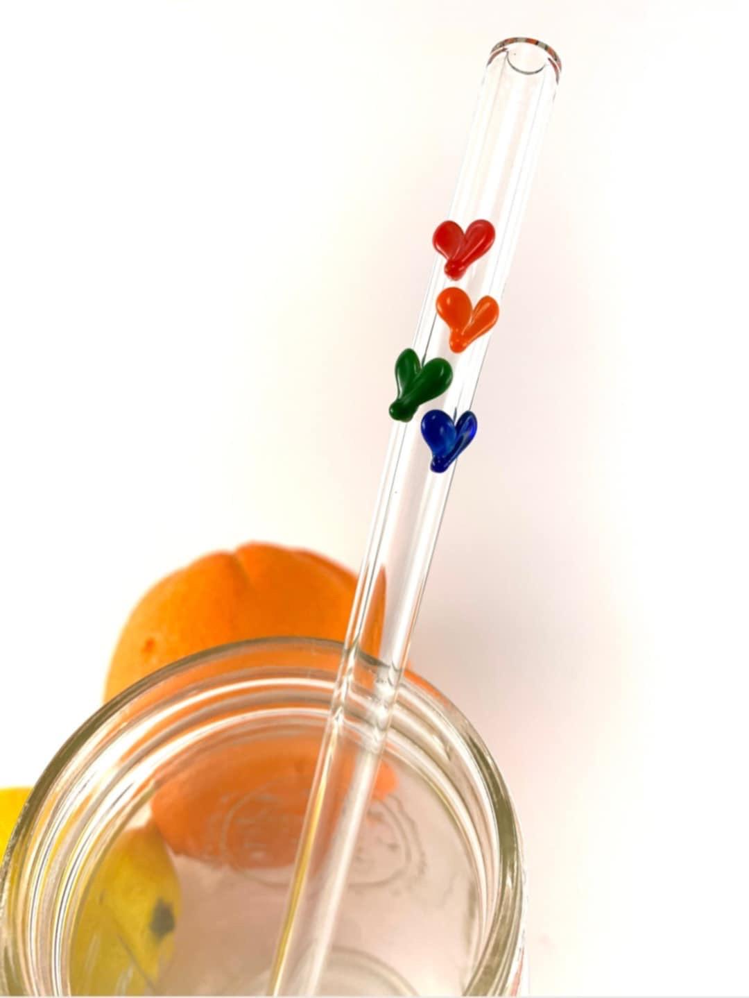 Rainbow Valentines Sweet Hearts on Bent Clear Glass Straw