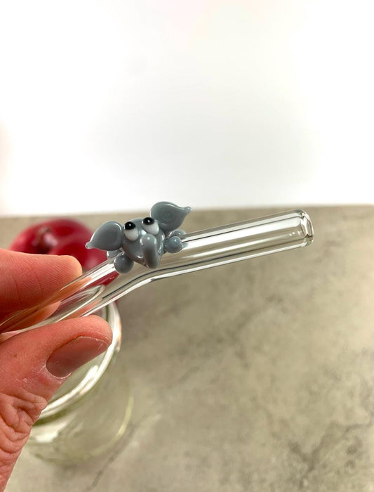Gray Elephant on Bent Clear Glass Straw