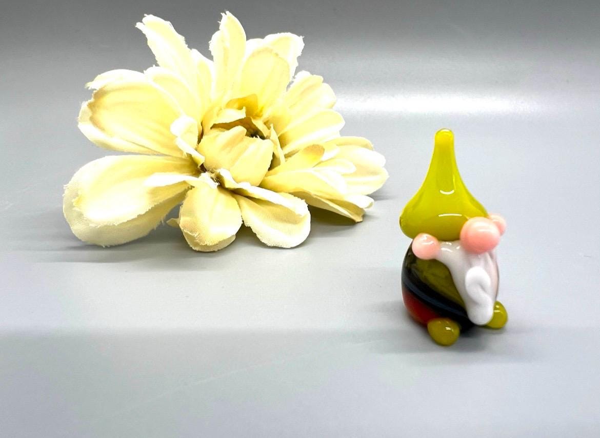 Tiny Glass Gnome Figurine- Striped Rainbow Pajamas- Bright Green Hat