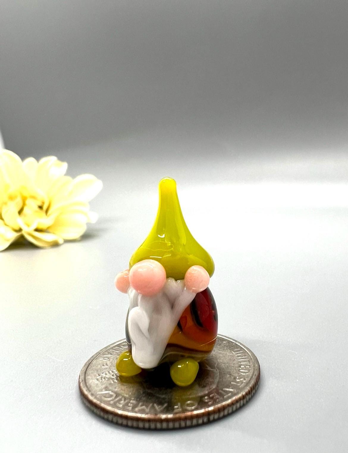 Tiny Glass Gnome Figurine- Striped Rainbow Pajamas- Bright Green Hat