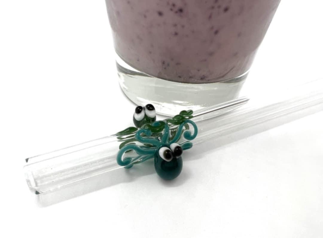 Teal and Green Double Octopi on Bent Clear Glass Smoothie Straw