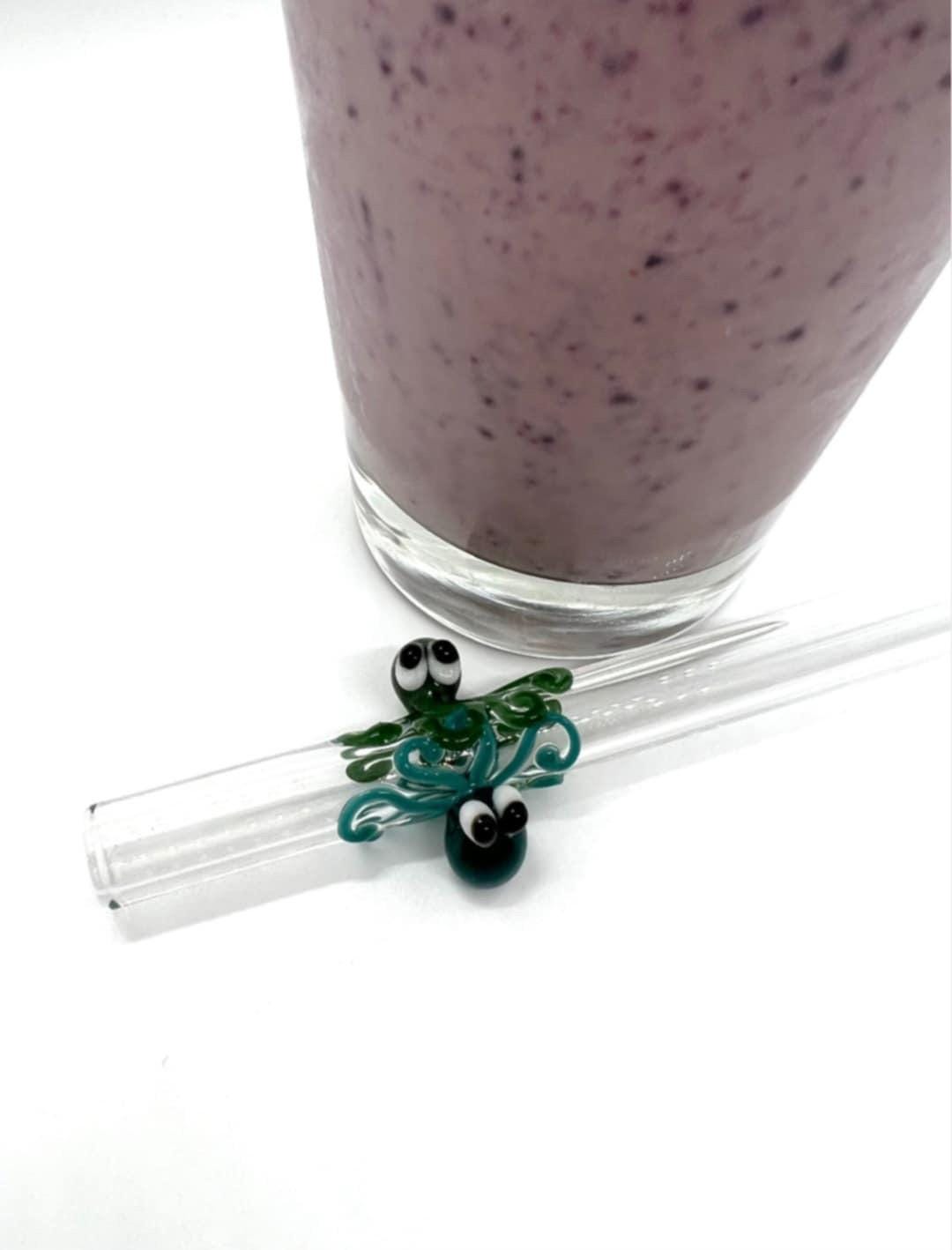 Teal and Green Double Octopi on Bent Clear Glass Smoothie Straw