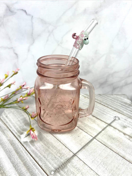 Pastel Double Octopi on Bent Clear Glass Smoothie Straw